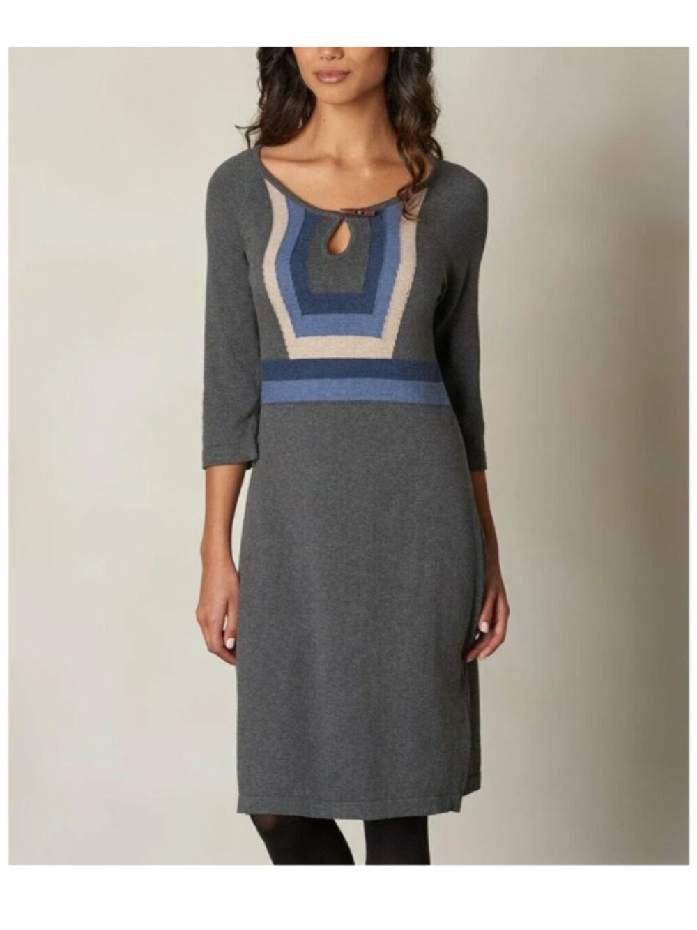 Prana Women's Gray Blue Dress Geometric Pattern 3/4 Sleeve Pullover Size Large